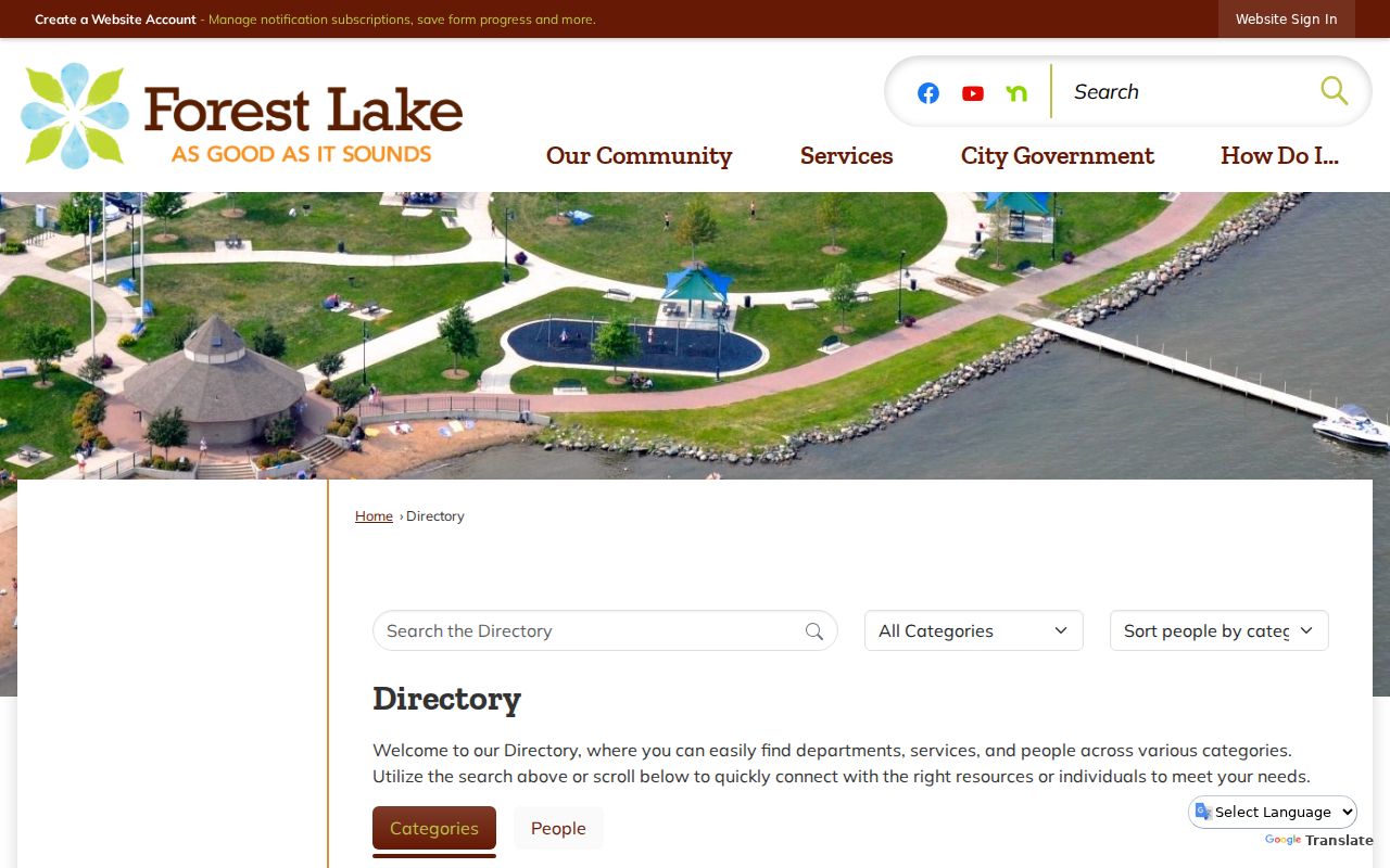 Forest Lake city directory view of municipal staff directory filters