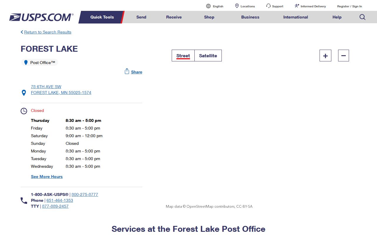 Forest Lake ZIP code directory source showing the official USPS 55025 post-office location