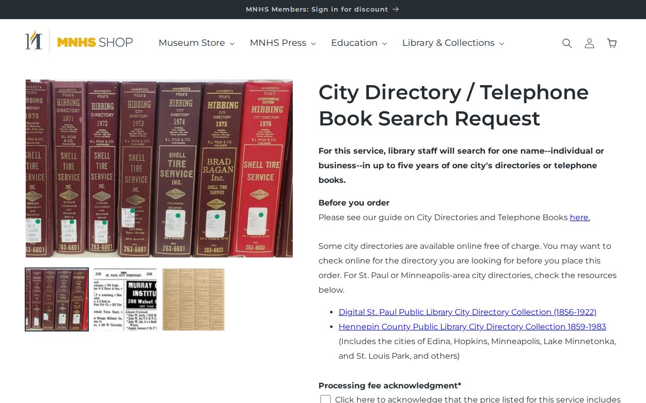 Forest Lake city directory research using the Minnesota Historical Society request service